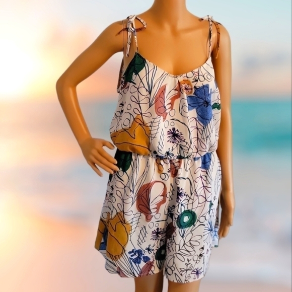 BCBGMaxAzria Large Cicely Romper Floral abstract graphic print Pockets T26 - Picture 2 of 7